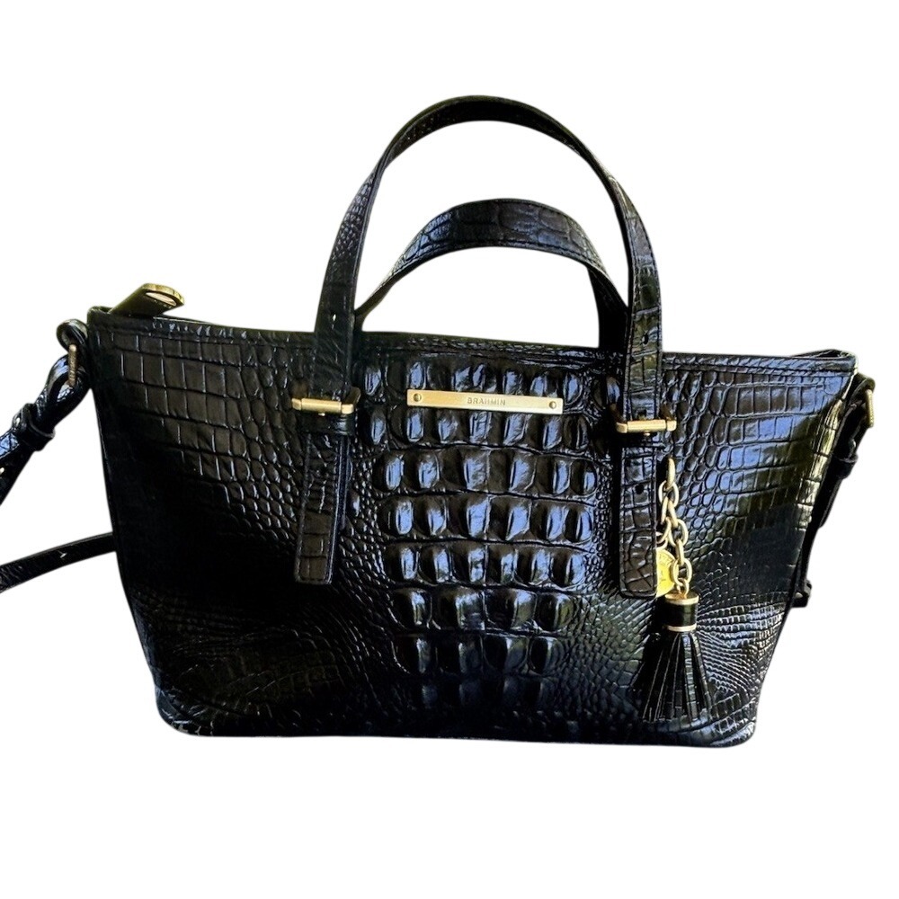 BRAHMIN MINI ASHER Satchel In Black Melbourne Genuine Leather shoulder bag tote - Picture 3 of 12